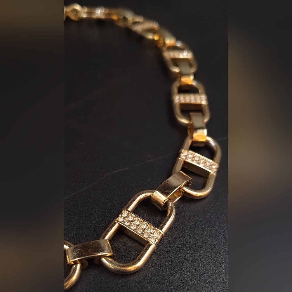 Ann Taylor Gold Tone Paper Clip Rhinestone Chunky Necklace Choker - Picture 3 of 14
